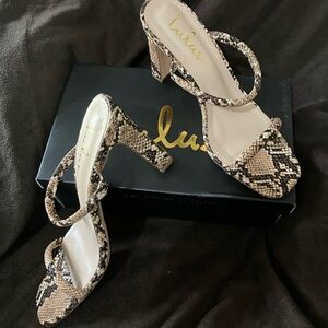 Lulu's Black and Tan Snake Print Heels